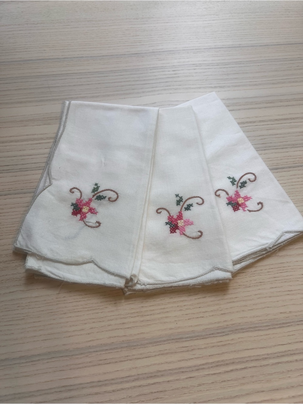 Set of 3 Vintage Embroidered Cocktail Napkins Pink Floral Linen Cottagecore